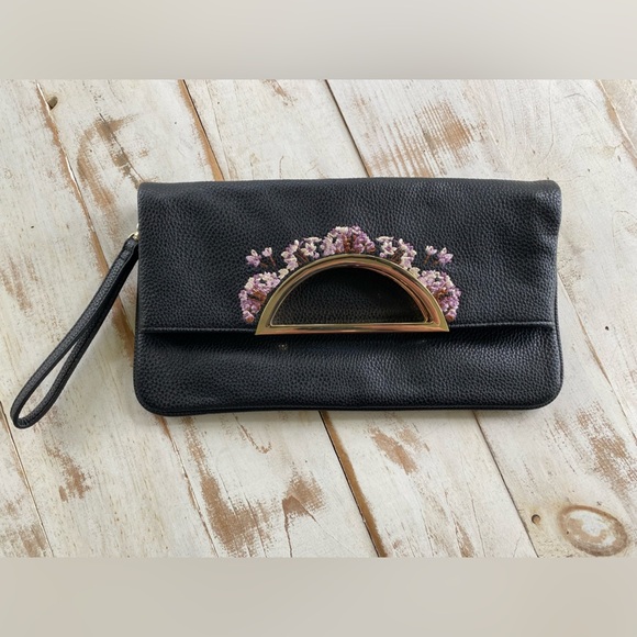 White House Black Market Faux Leather Floral Embroidered Clutch Handbag wristlet - Picture 2 of 12